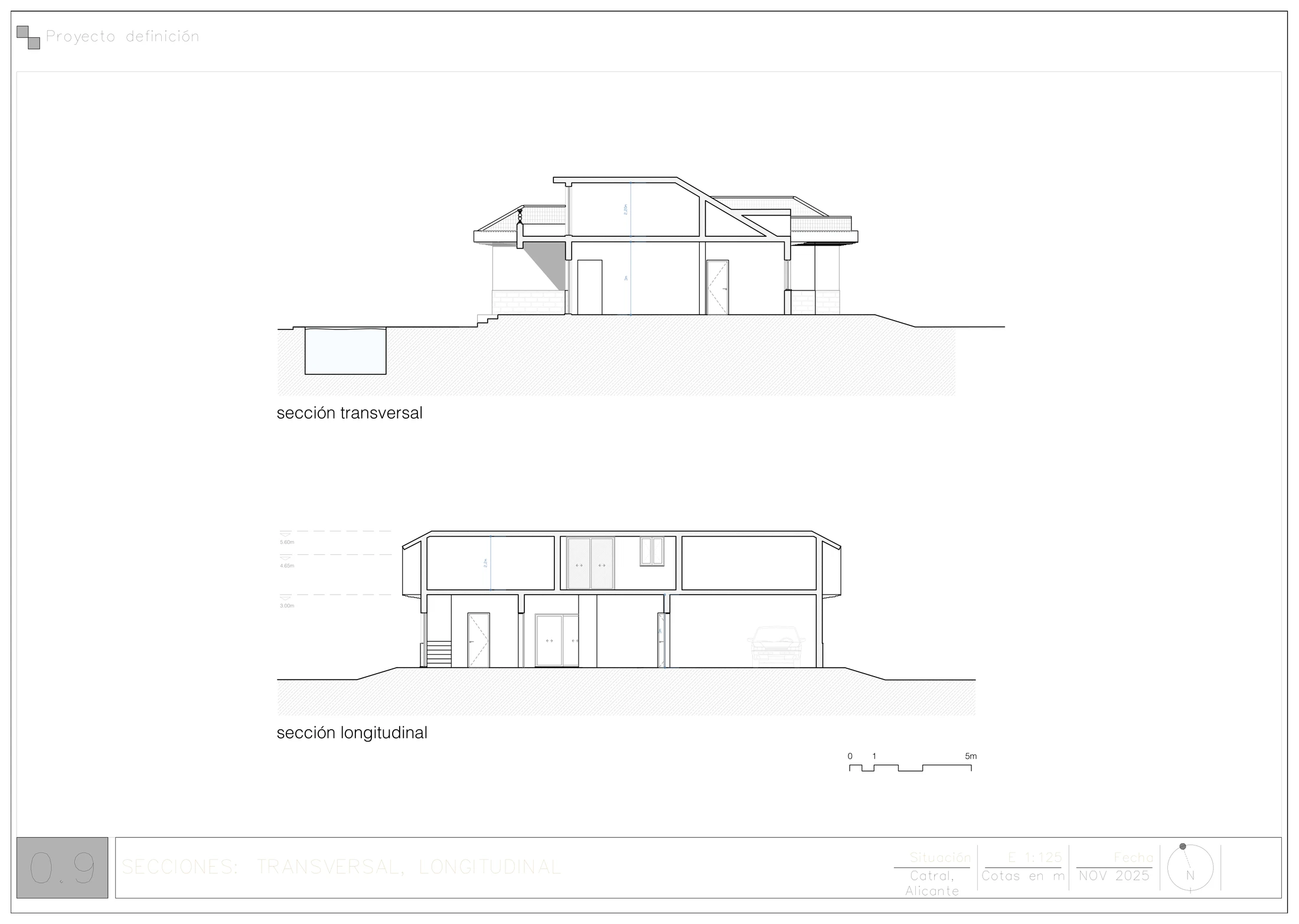 Transverse and longitudinal architectural sections of The Catral Villa in Catral, Alicante.