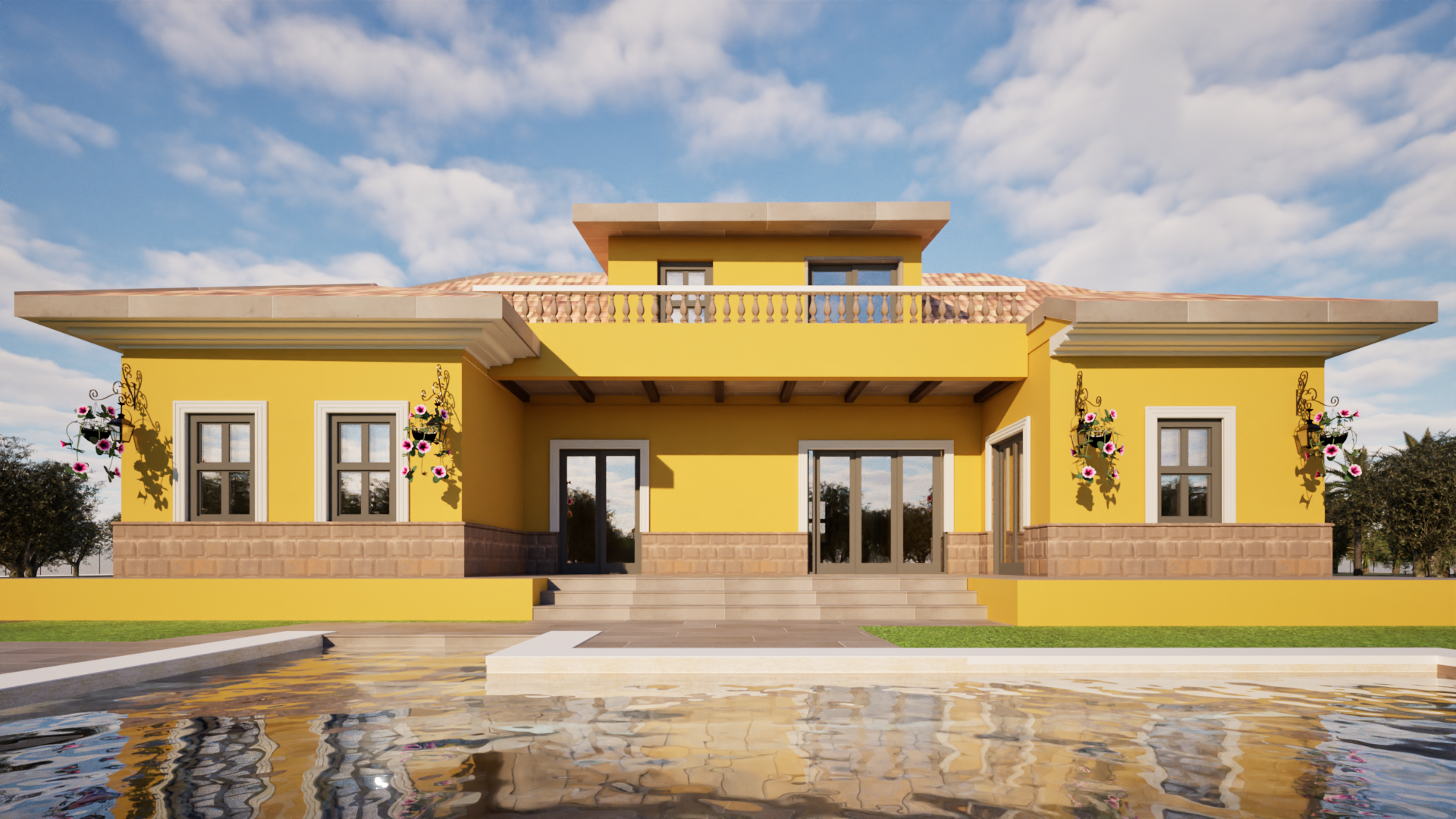 Perspective view of The Catral Villa with terrace, swimming pool and Mediterranean outdoor living areas.