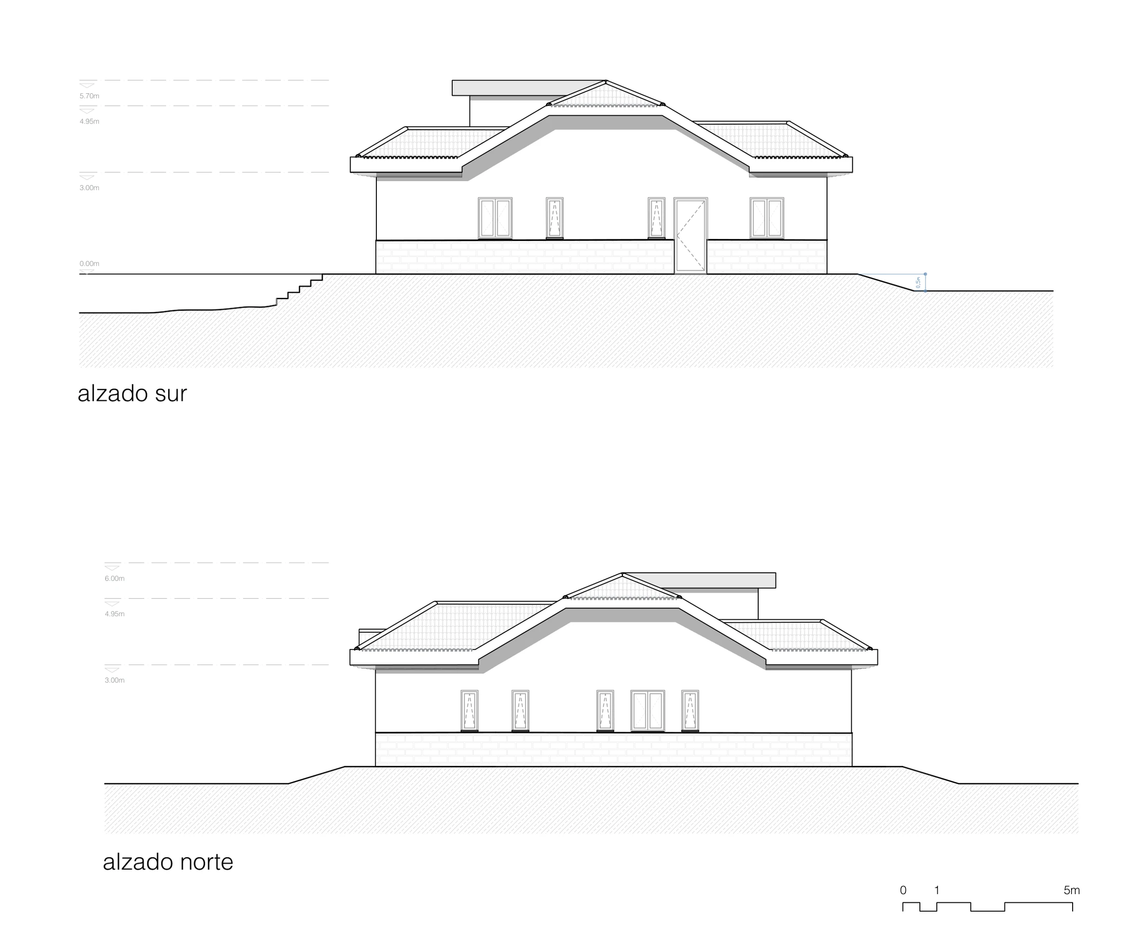 North and south architectural elevation drawings of The Catral Villa in Catral, Alicante.