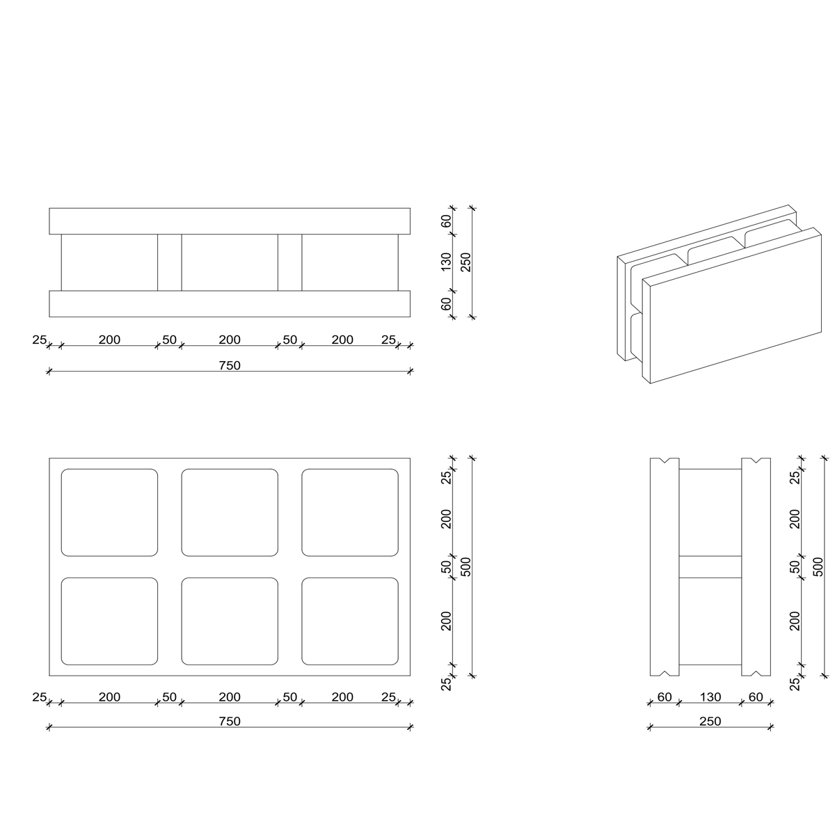 Technical drawing and dimensions of the ISB-PHC-250 permanent-formwork wall element.