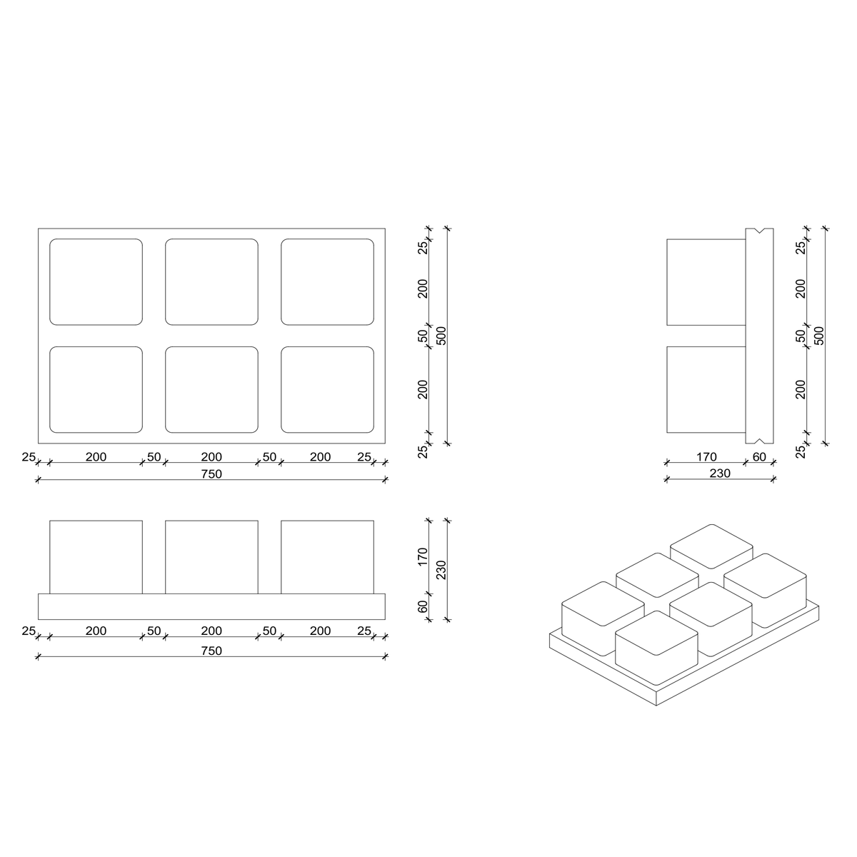 Technical drawing and dimensions of the ISB-PHC-250 permanent-formwork floor element.