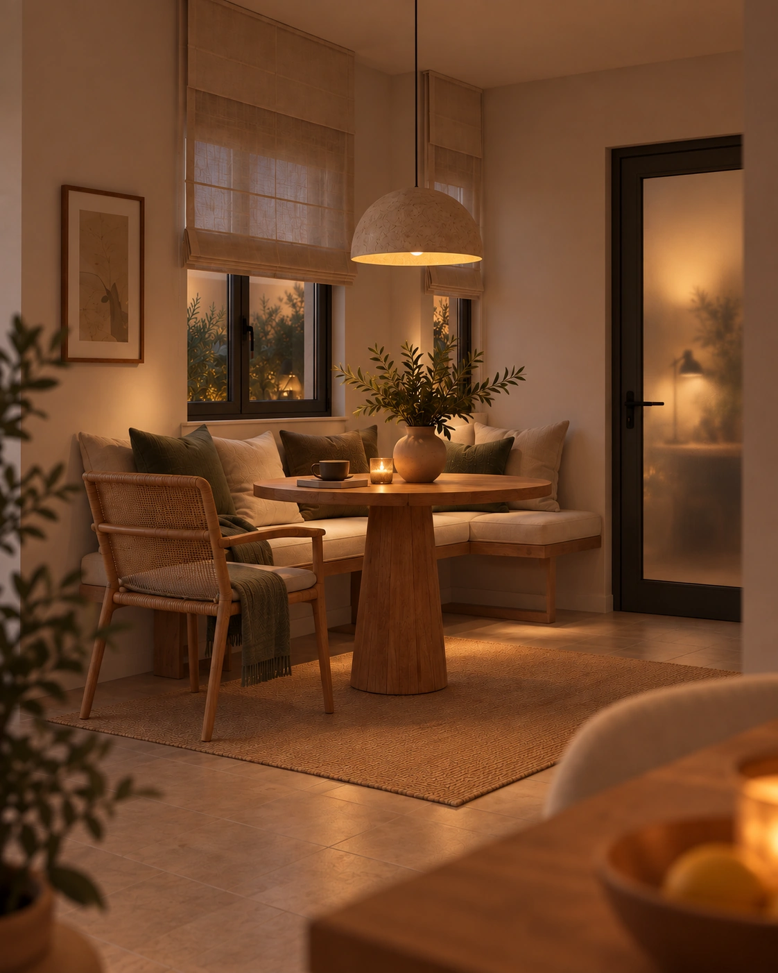 Evening atmosphere in the breakfast nook of The Catral Villa kitchen and dining interior