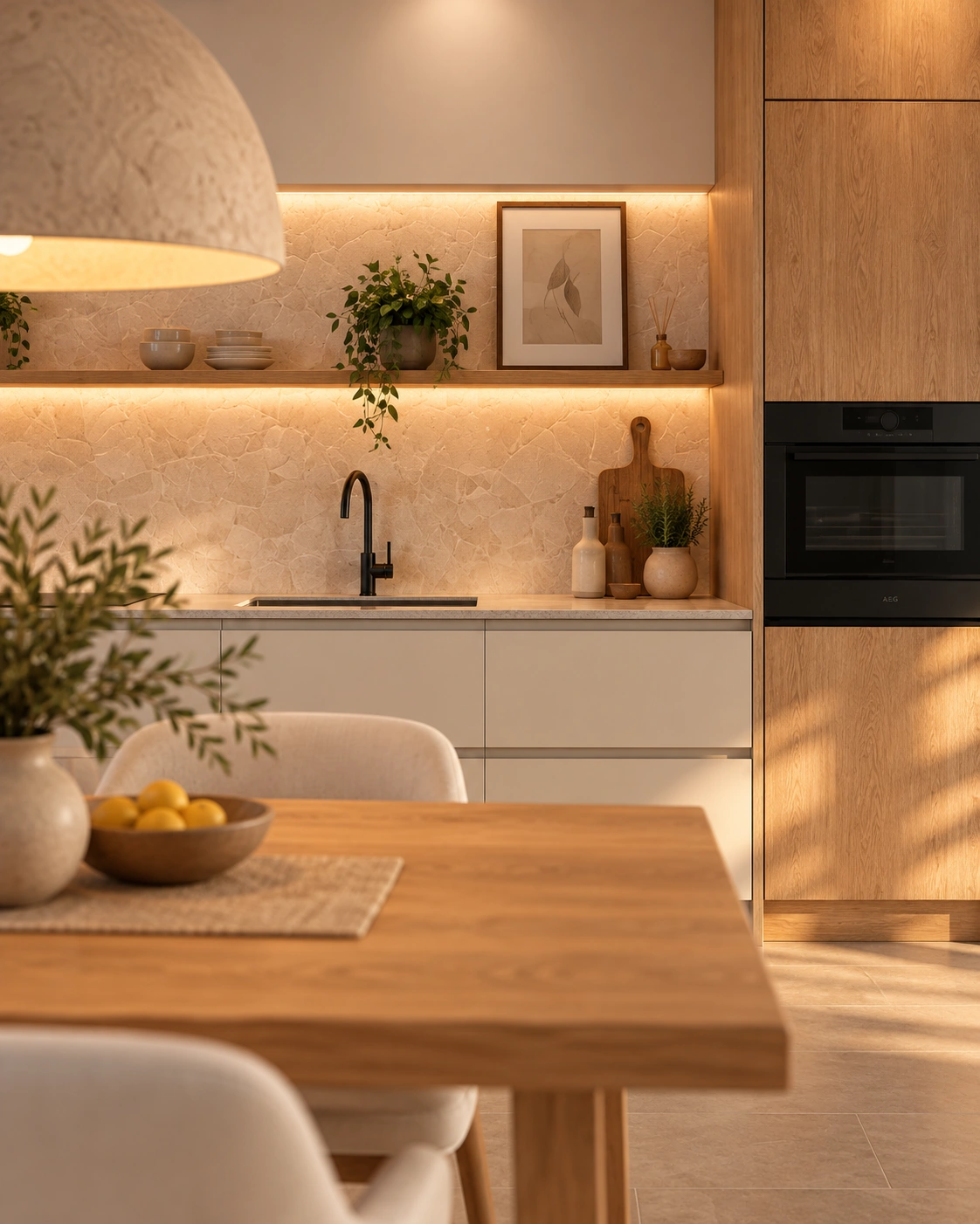 Natural oak, stone and warm neutral materials in The Catral Villa kitchen interior