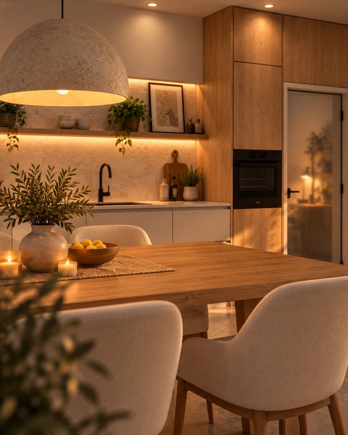 Warm evening atmosphere in The Catral Villa kitchen and dining interior