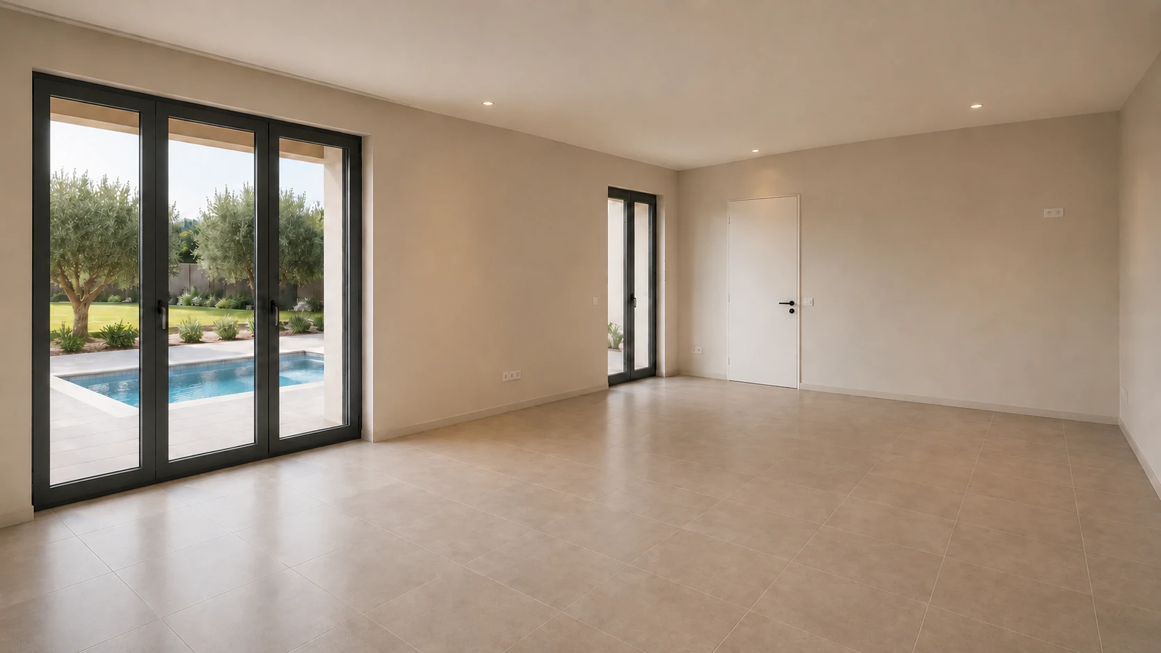 The Catral Villa living room before the interior design concept, overlooking the pool and olive grove