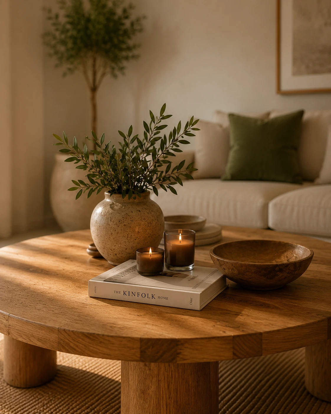 Natural oak coffee table detail in The Catral Villa living room with ceramic decor and olive branches