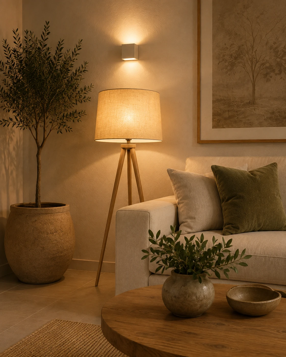 Warm ambient lighting detail in The Catral Villa living room with floor lamp, wall light and natural materials