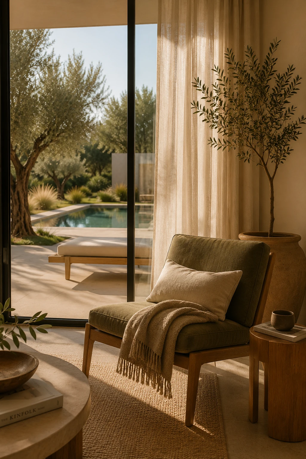The Catral Villa living room with direct views towards the pool terrace and surrounding olive grove