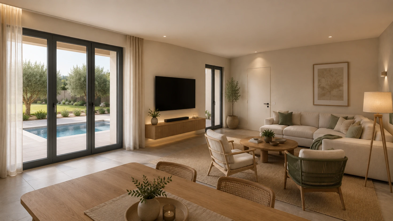 Interior design concept for The Catral Villa living room with pool and olive grove views